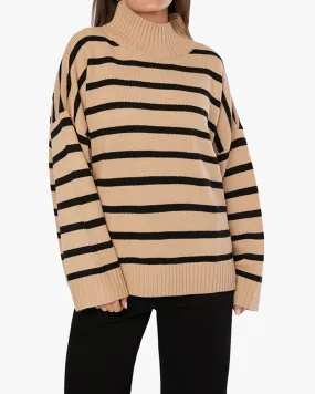 Oversized Funnel Neck Sweater Taupe/Black Stripe