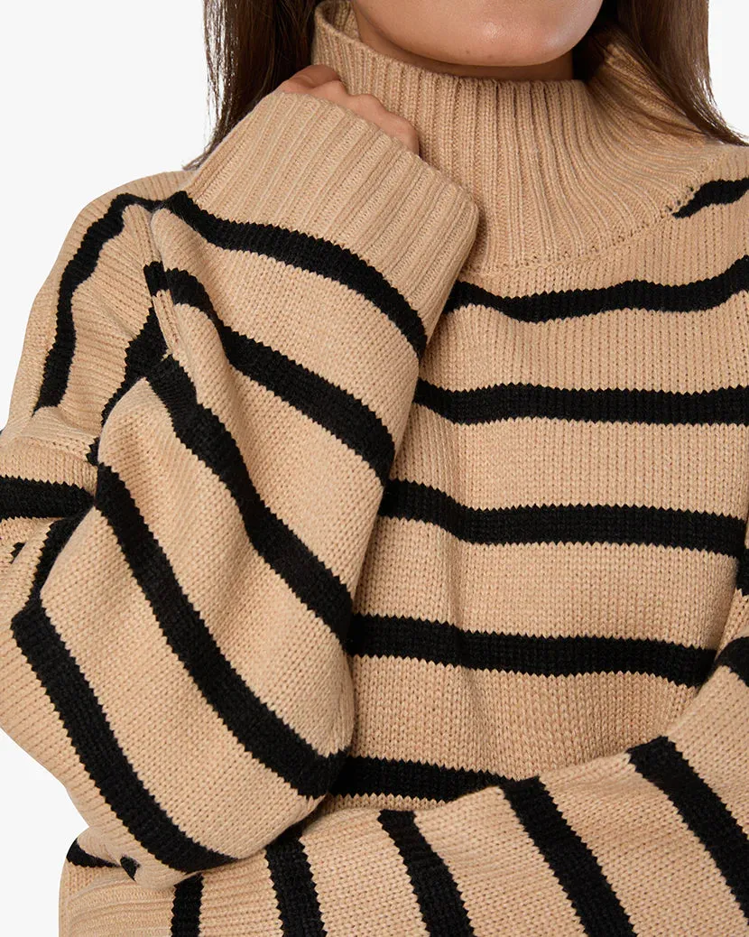 Oversized Funnel Neck Sweater Taupe/Black Stripe