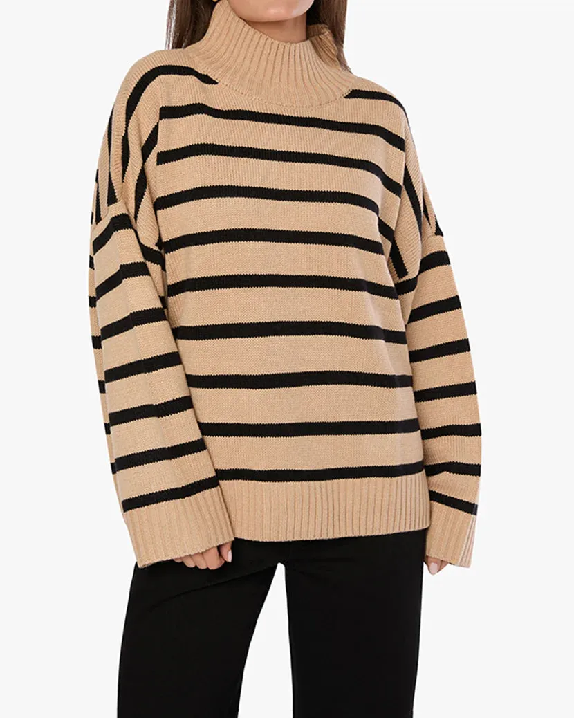 Oversized Funnel Neck Sweater Taupe/Black Stripe