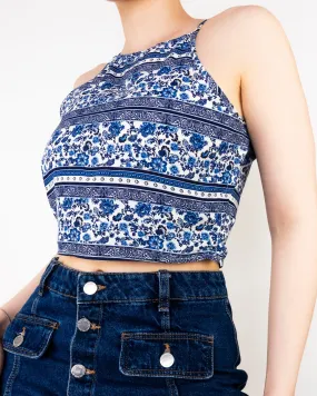 Paisley Striped Halter Crop Top Blue