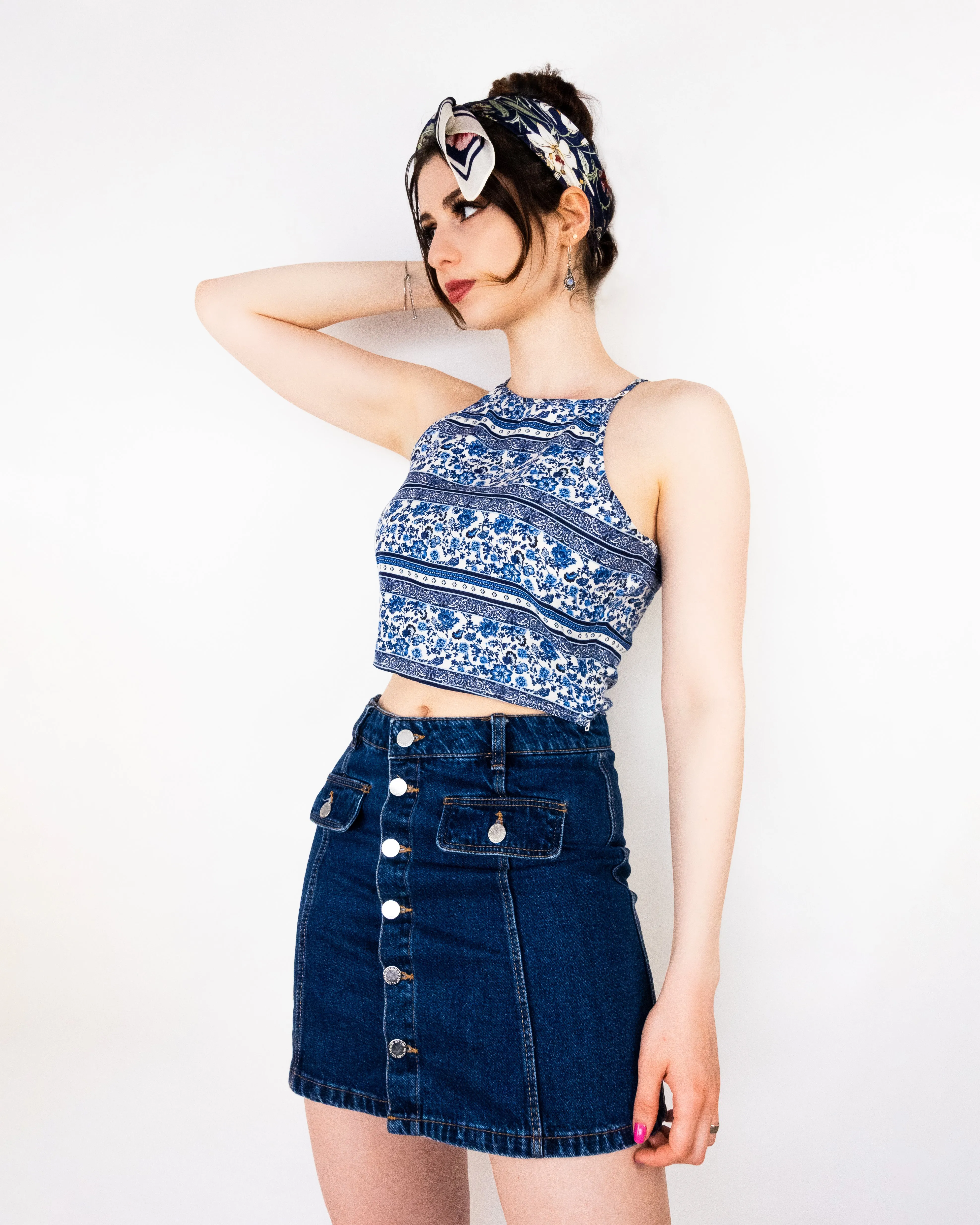 Paisley Striped Halter Crop Top Blue