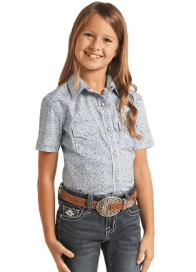 Panhandle Girl's Blue Print Short Sleeve Snap Western Shirt RRGS1SRZ7W