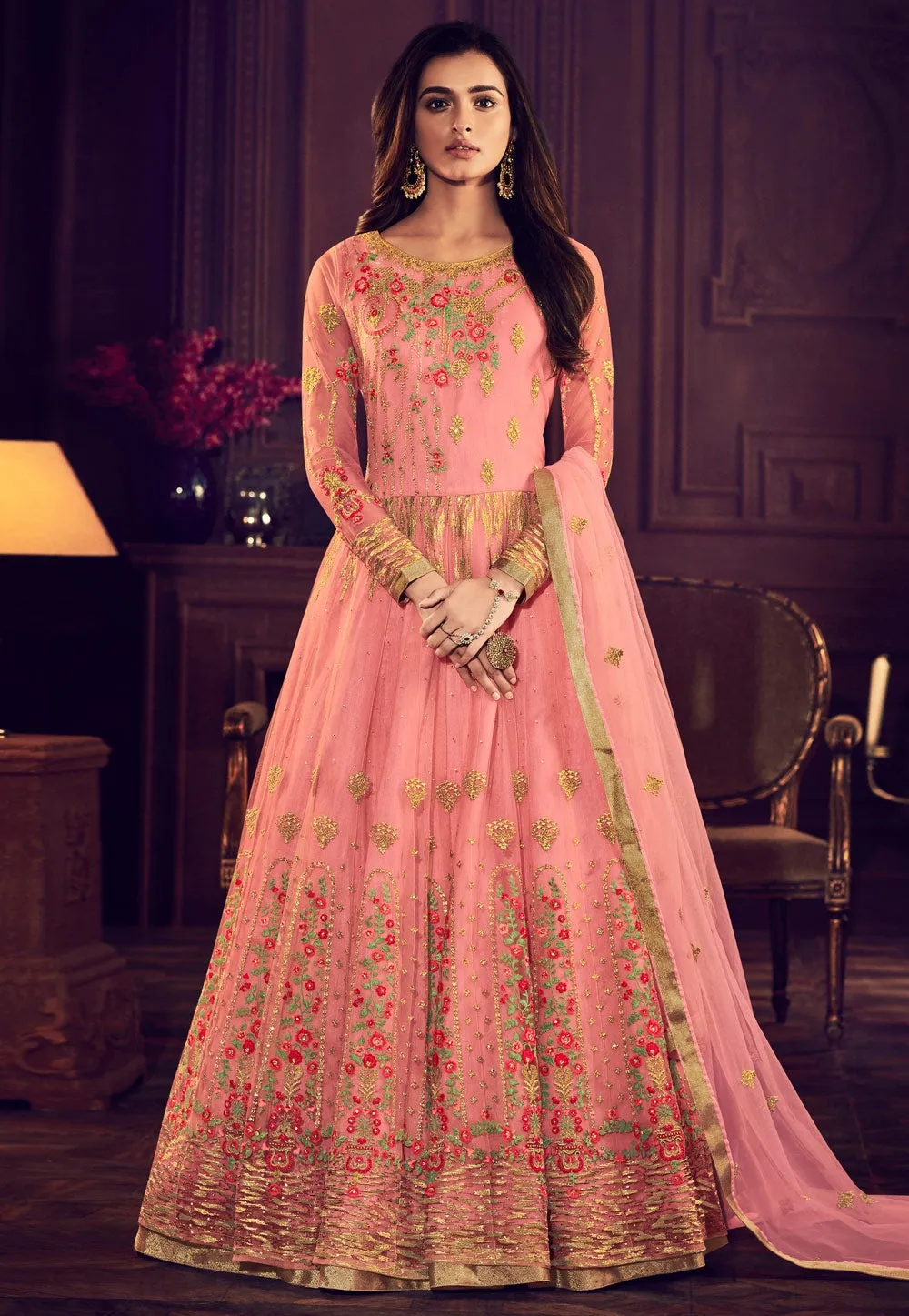 Peach Overall Traditional Embroidered Anarkali Suit