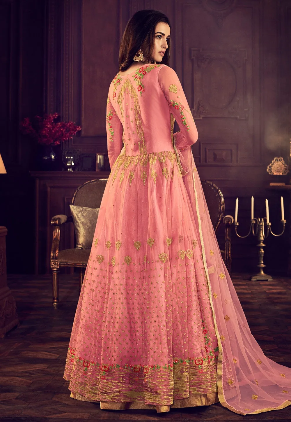 Peach Overall Traditional Embroidered Anarkali Suit