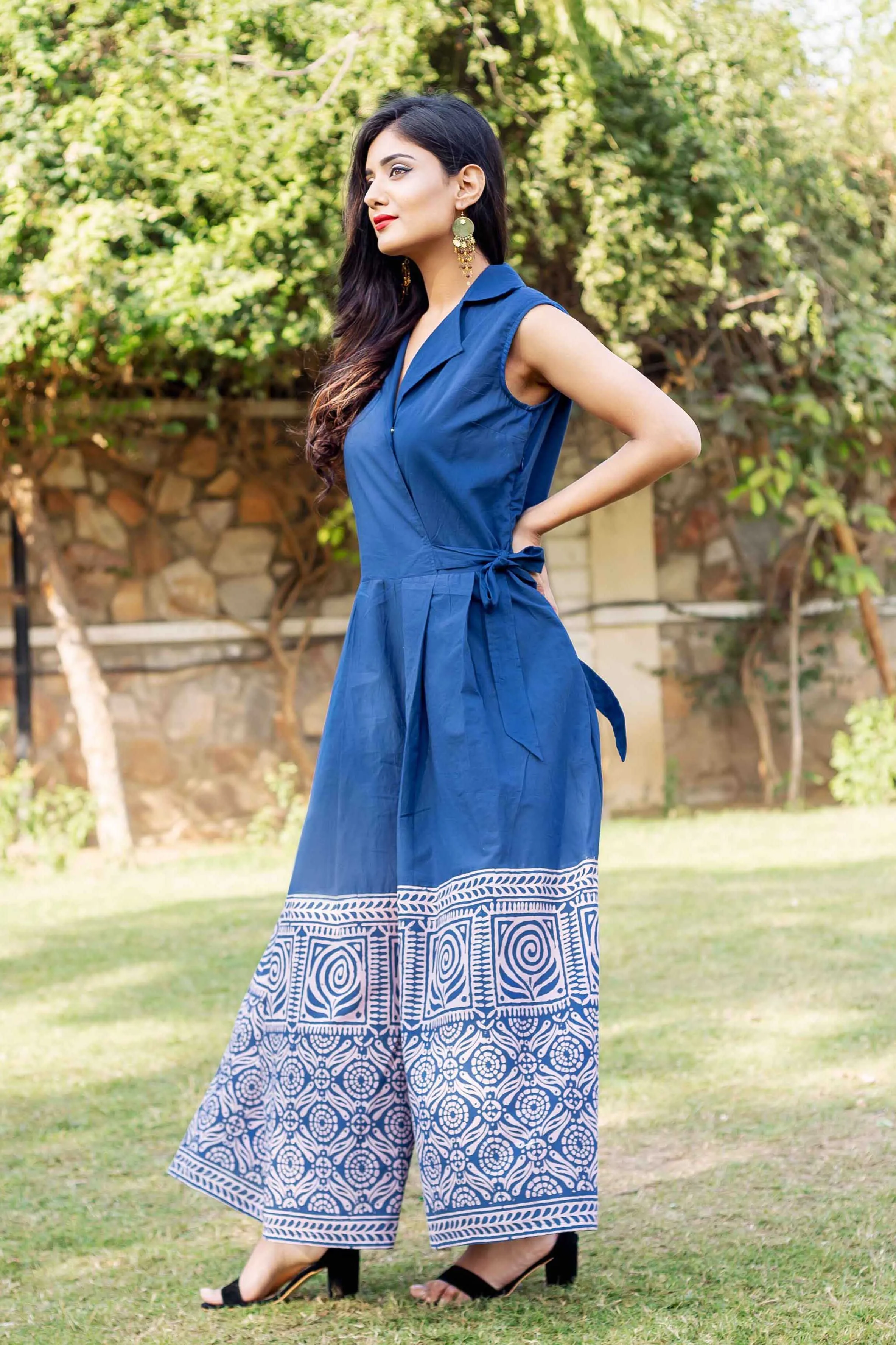 Perfect Fit Indigo Blue Hand Block Printed Cotton Jumpsuit