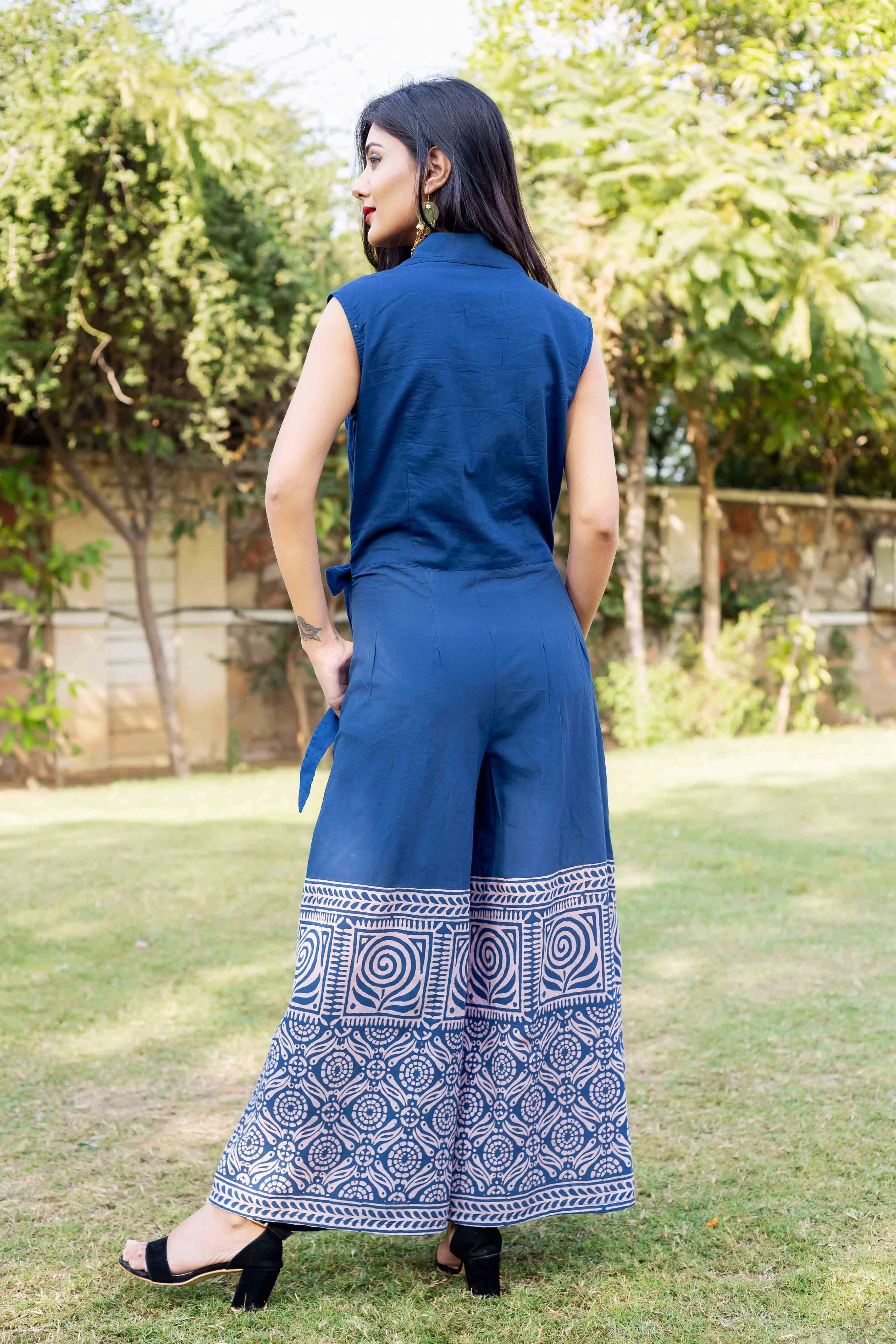 Perfect Fit Indigo Blue Hand Block Printed Cotton Jumpsuit