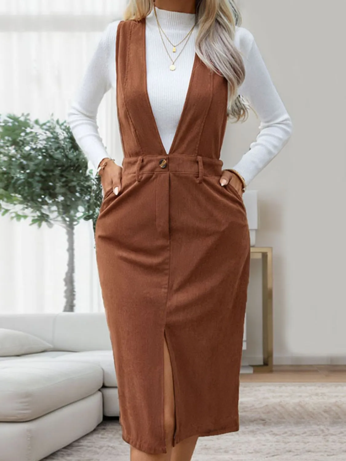 Perfee Slit Overall Dress with Pockets