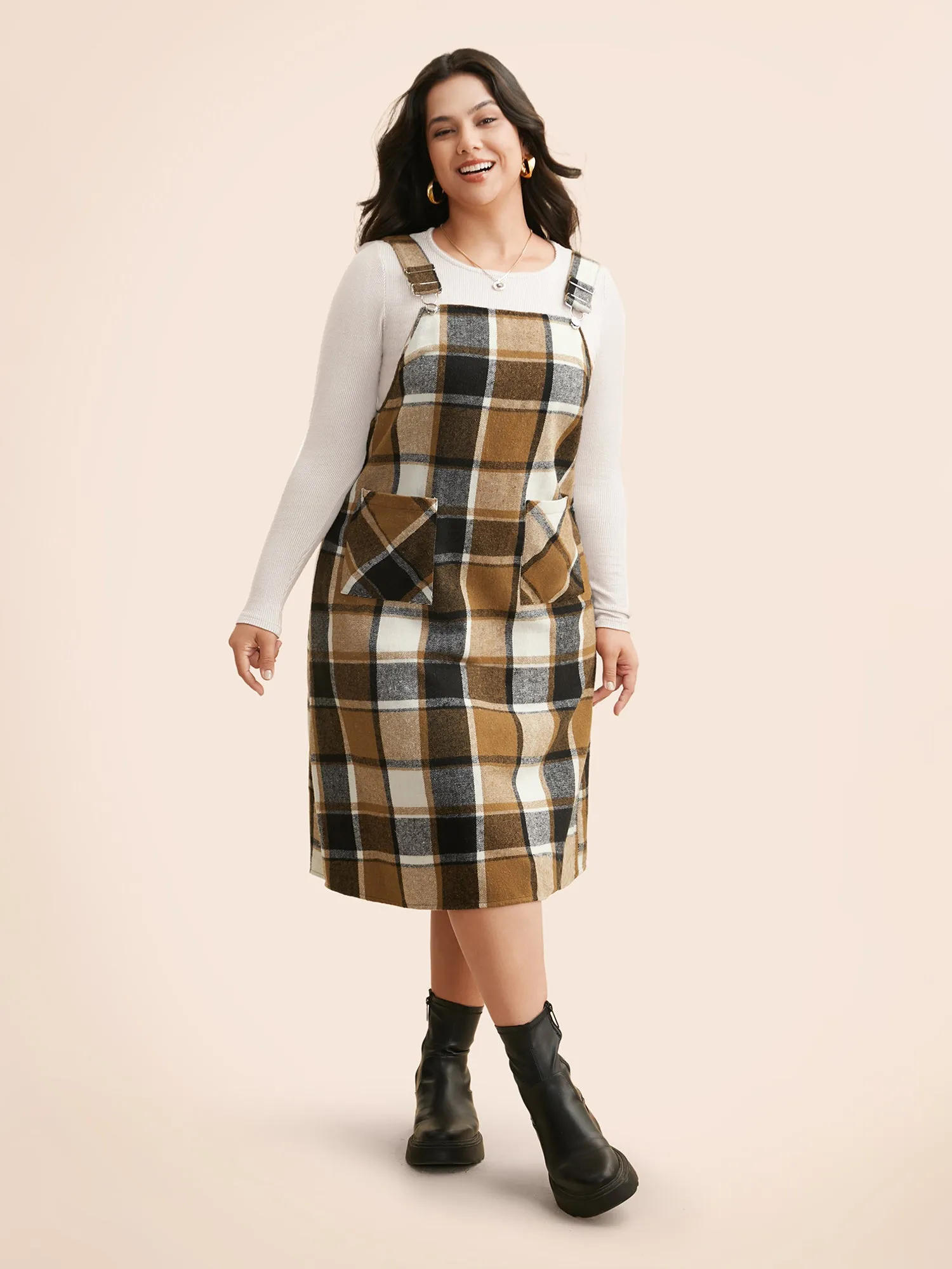 Plaid Patch Pocket Overall Dress