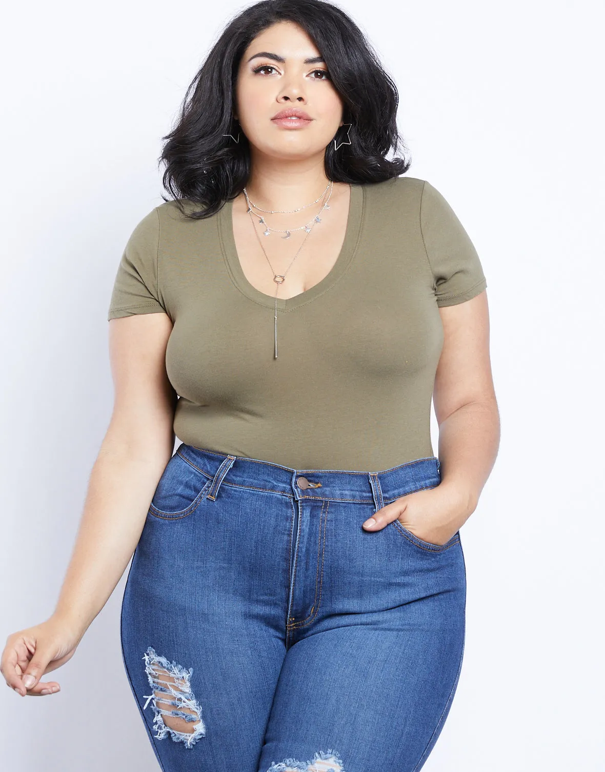 Plus Size Everyday Basic V-neck Tee Bodysuit