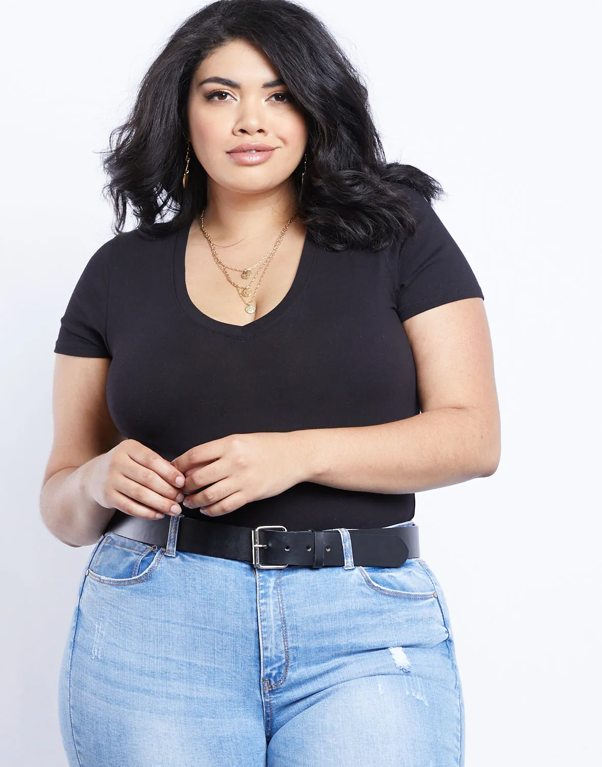 Plus Size Everyday Basic V-neck Tee Bodysuit