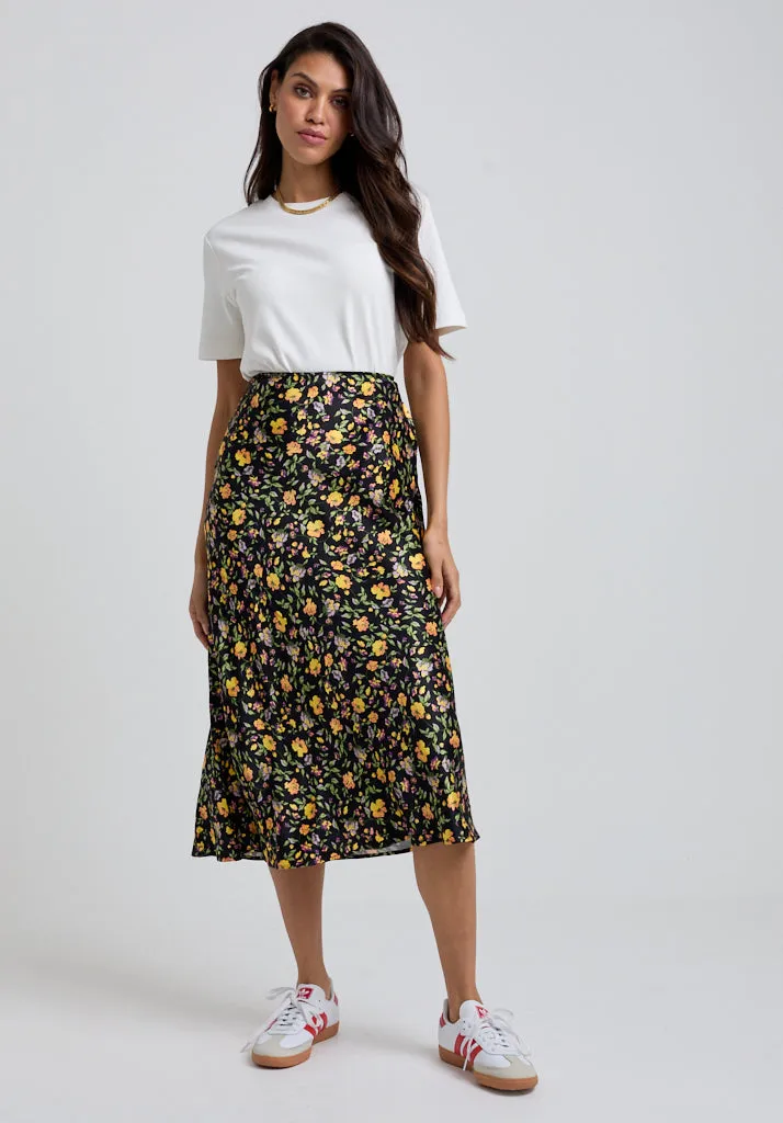 Poppy Bias Cut Floral Print Midi Skirt In Multi