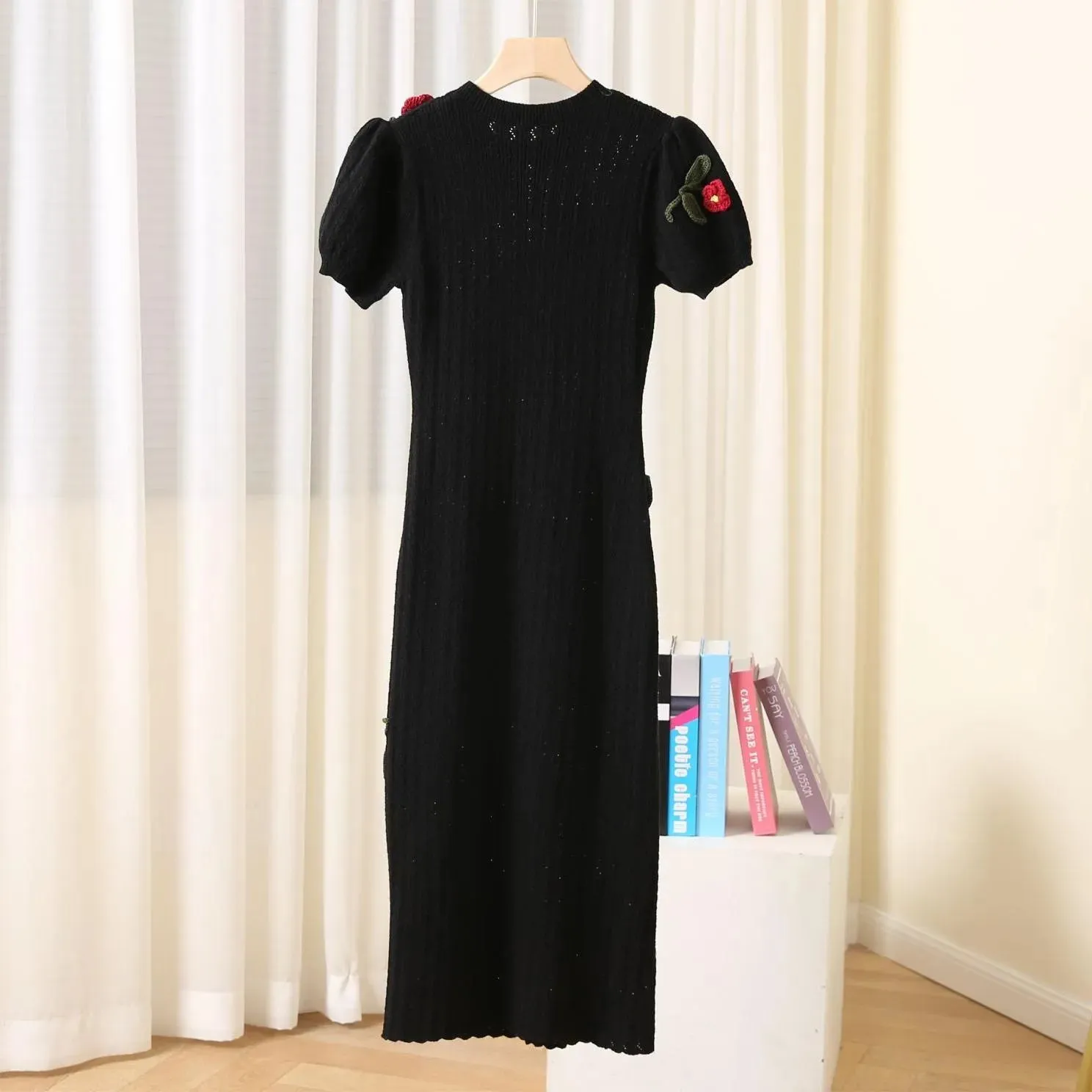 Pre Order:  Black Floral Knitted Midi Dress