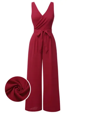 Red 1930s Solid Wasit Tie V-Neck Jumpsuit