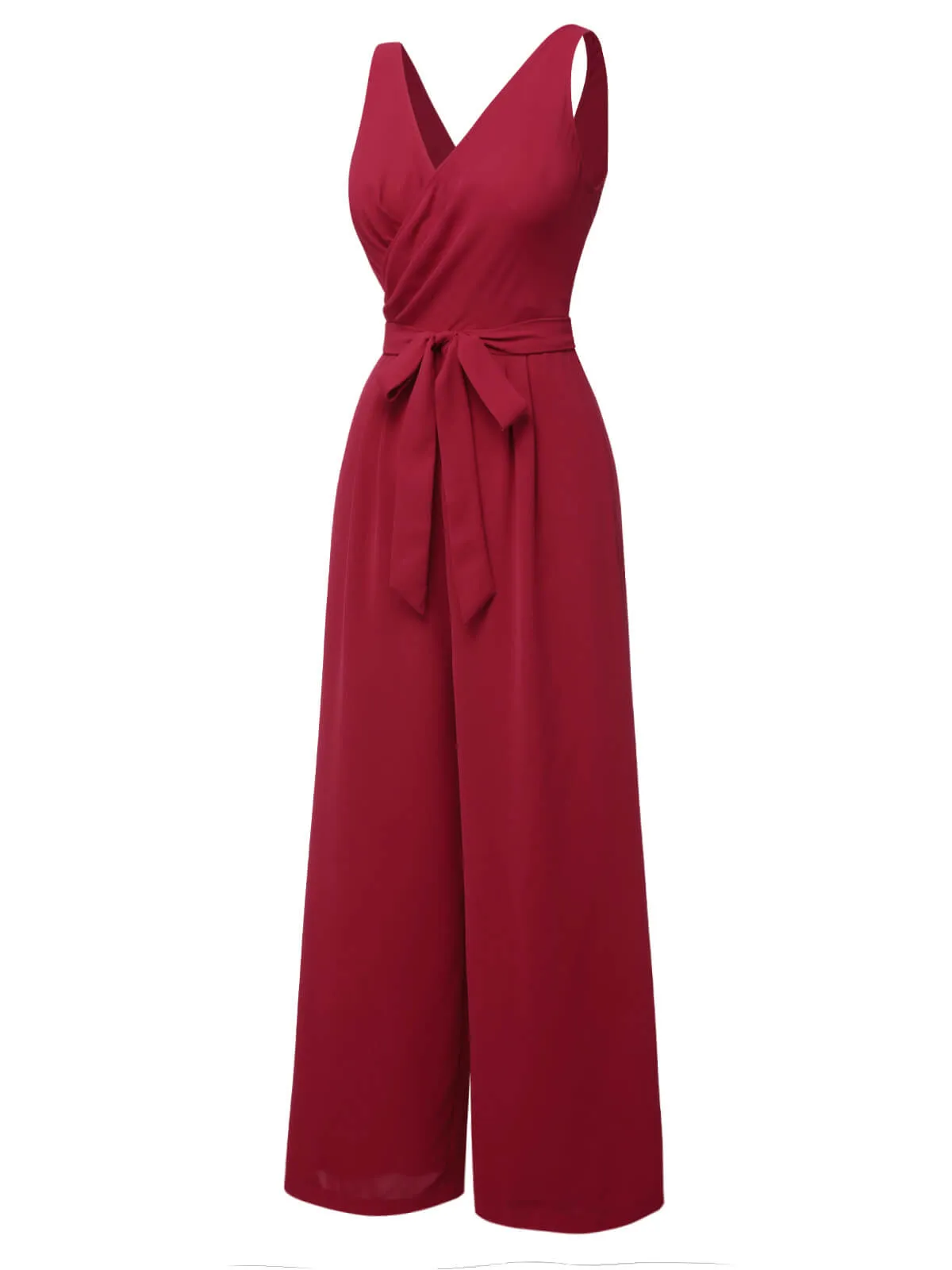 Red 1930s Solid Wasit Tie V-Neck Jumpsuit