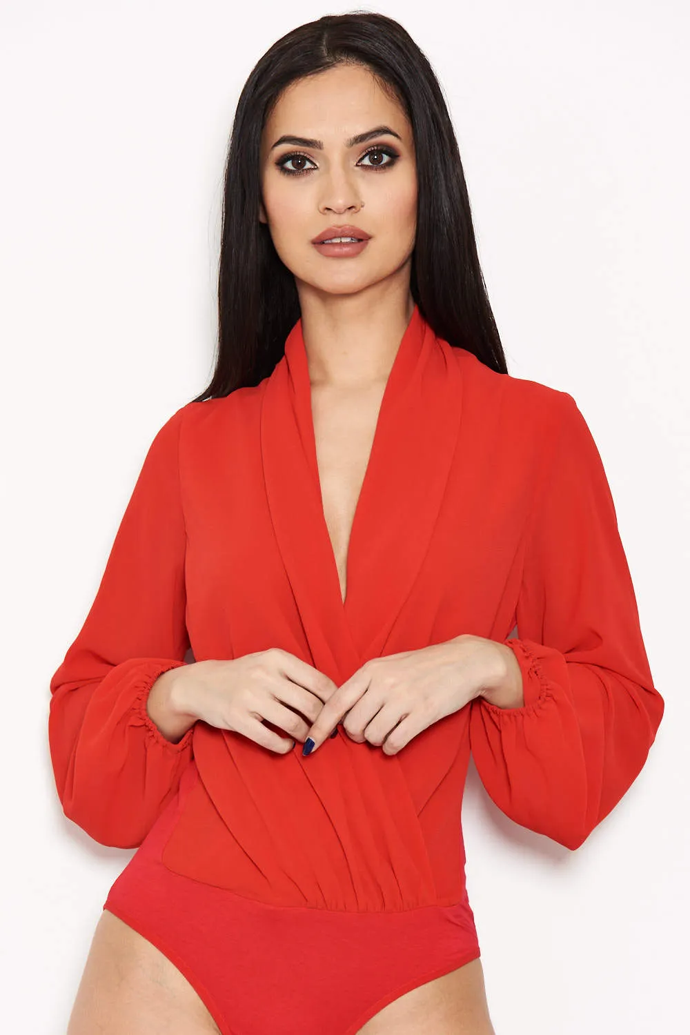 Red Mesh Detail Sleeved Bodysuit