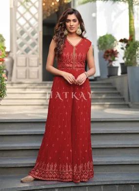 Rouge Red Traditional Embroidered Flared Jumpsuit