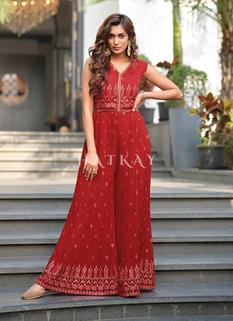 Rouge Red Traditional Embroidered Flared Jumpsuit