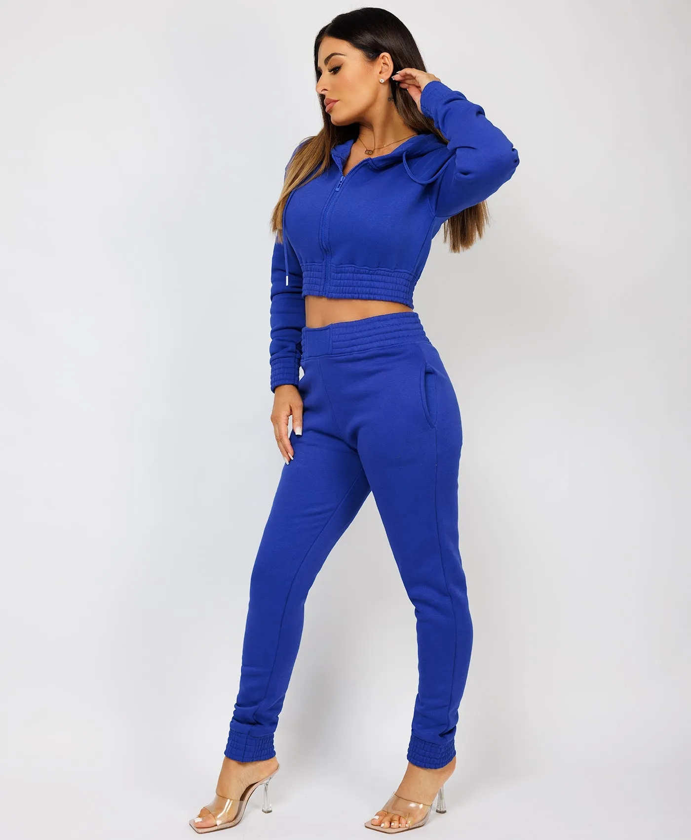 Royal Blue Zipped Cropped Hooded Tracksuit Loungewear Set