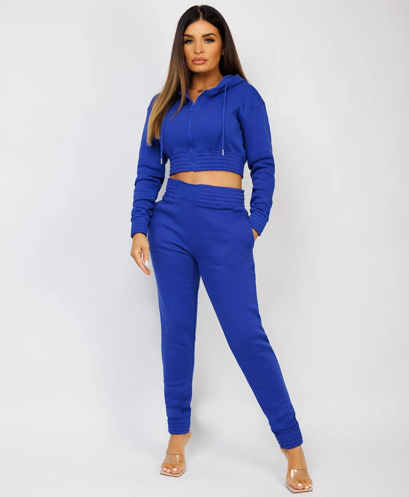 Royal Blue Zipped Cropped Hooded Tracksuit Loungewear Set