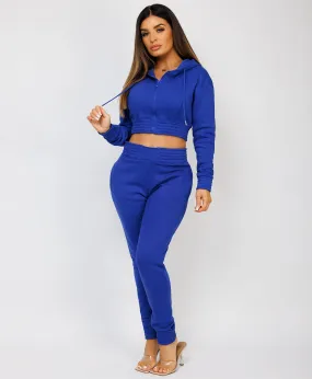 Royal Blue Zipped Cropped Hooded Tracksuit Loungewear Set