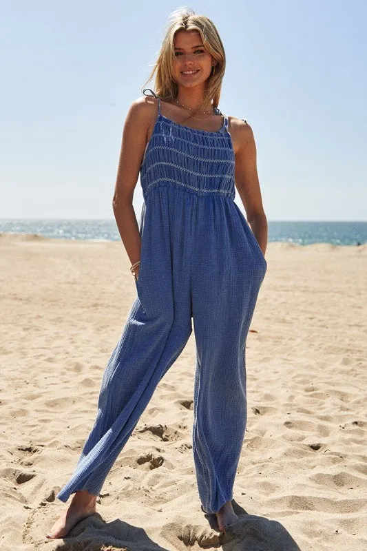 Smocked Overall Jumpsuit With Shoulder Straps