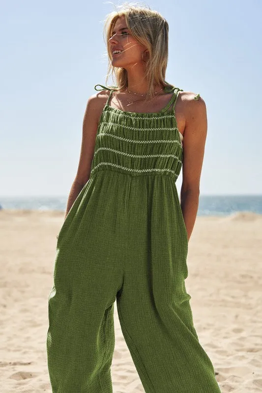 Smocked Overall Jumpsuit With Shoulder Straps