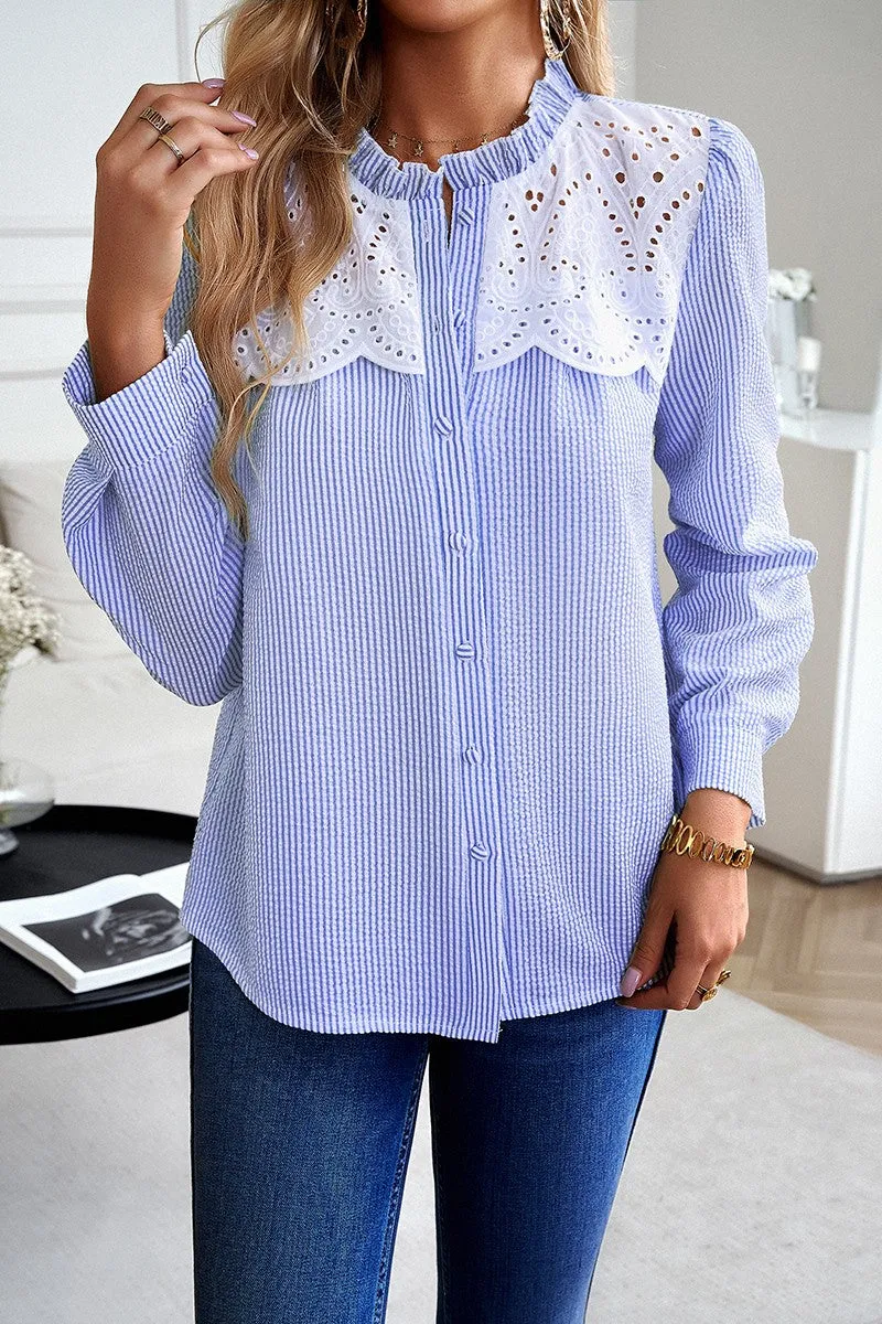 Stylish Lace Trim Button-Up Blouse