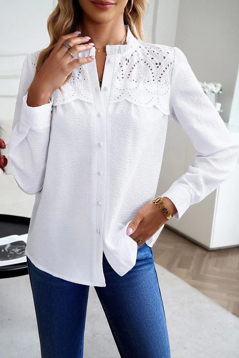 Stylish Lace Trim Button-Up Blouse