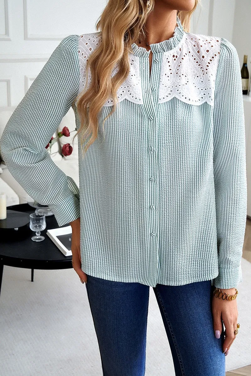 Stylish Lace Trim Button-Up Blouse