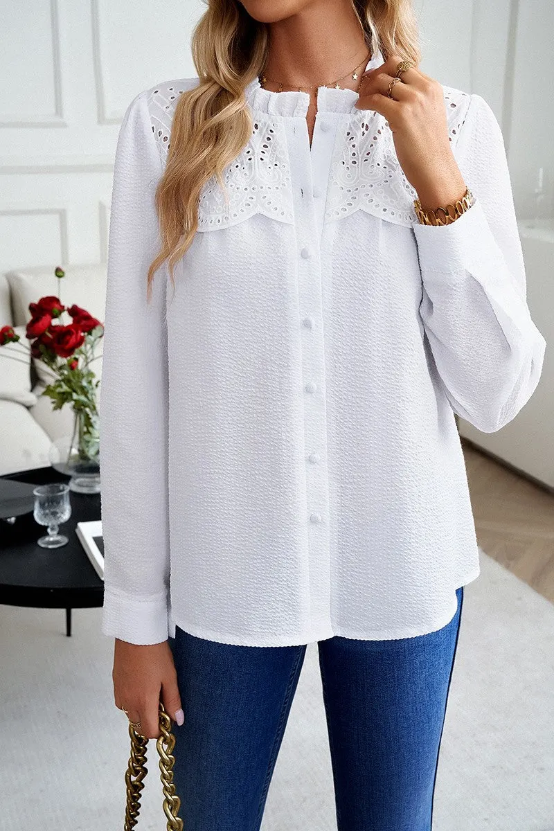 Stylish Lace Trim Button-Up Blouse