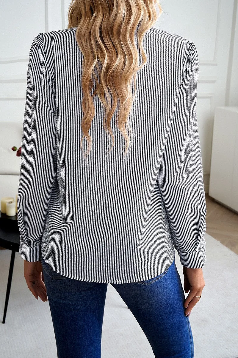 Stylish Lace Trim Button-Up Blouse