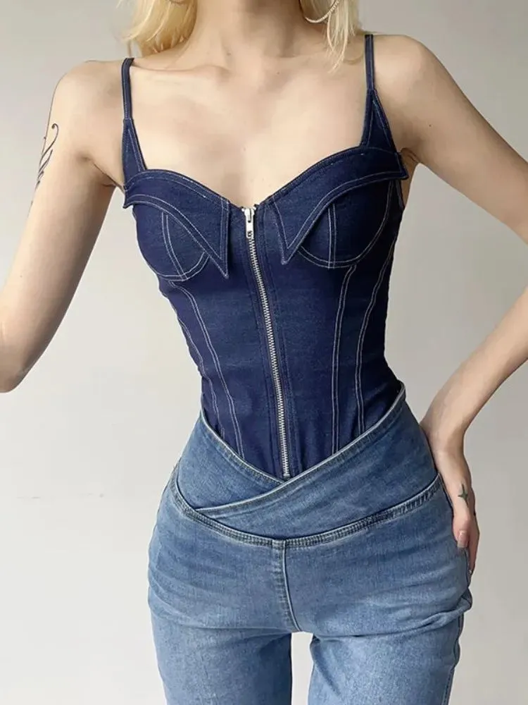 Summer Vintage Sleeveless Denim Spaghetti Strap Bodysuits