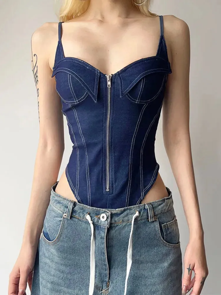 Summer Vintage Sleeveless Denim Spaghetti Strap Bodysuits