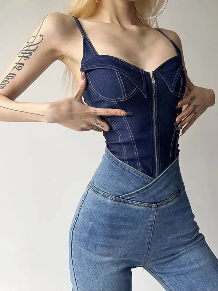 Summer Vintage Sleeveless Denim Spaghetti Strap Bodysuits