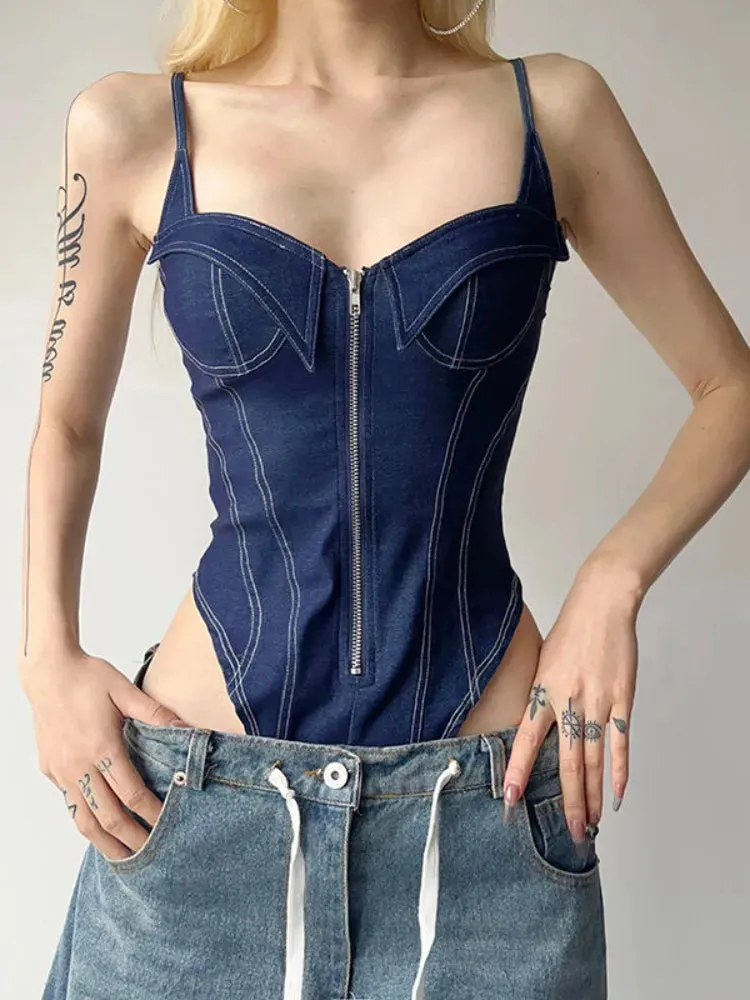 Summer Vintage Sleeveless Denim Spaghetti Strap Bodysuits