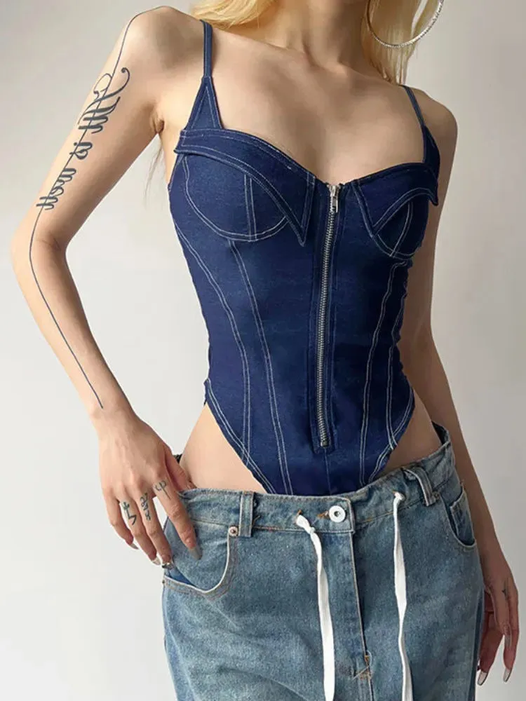 Summer Vintage Sleeveless Denim Spaghetti Strap Bodysuits