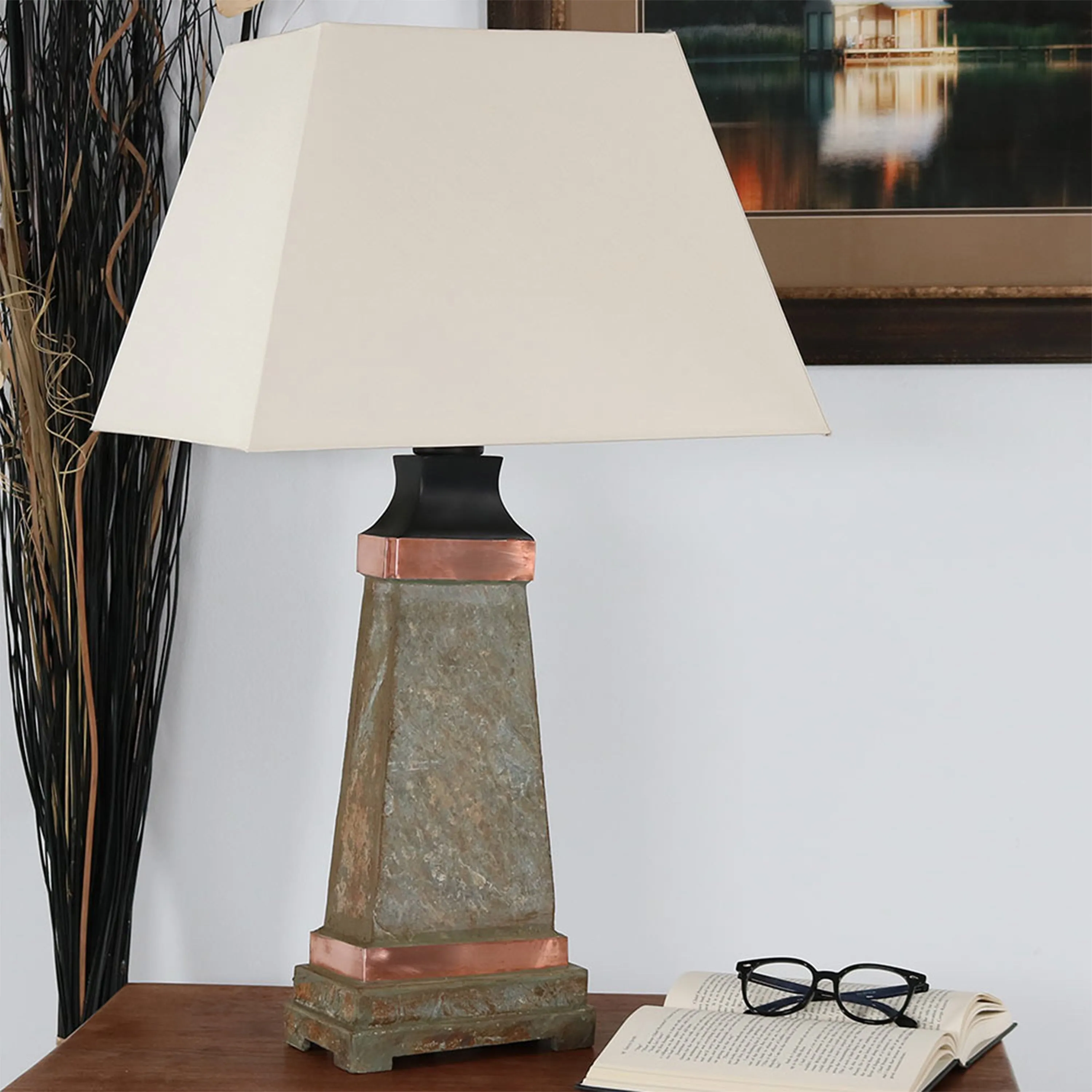 Sunnydaze Copper Trimmed Slate Outdoor Table Lamp - 30" H