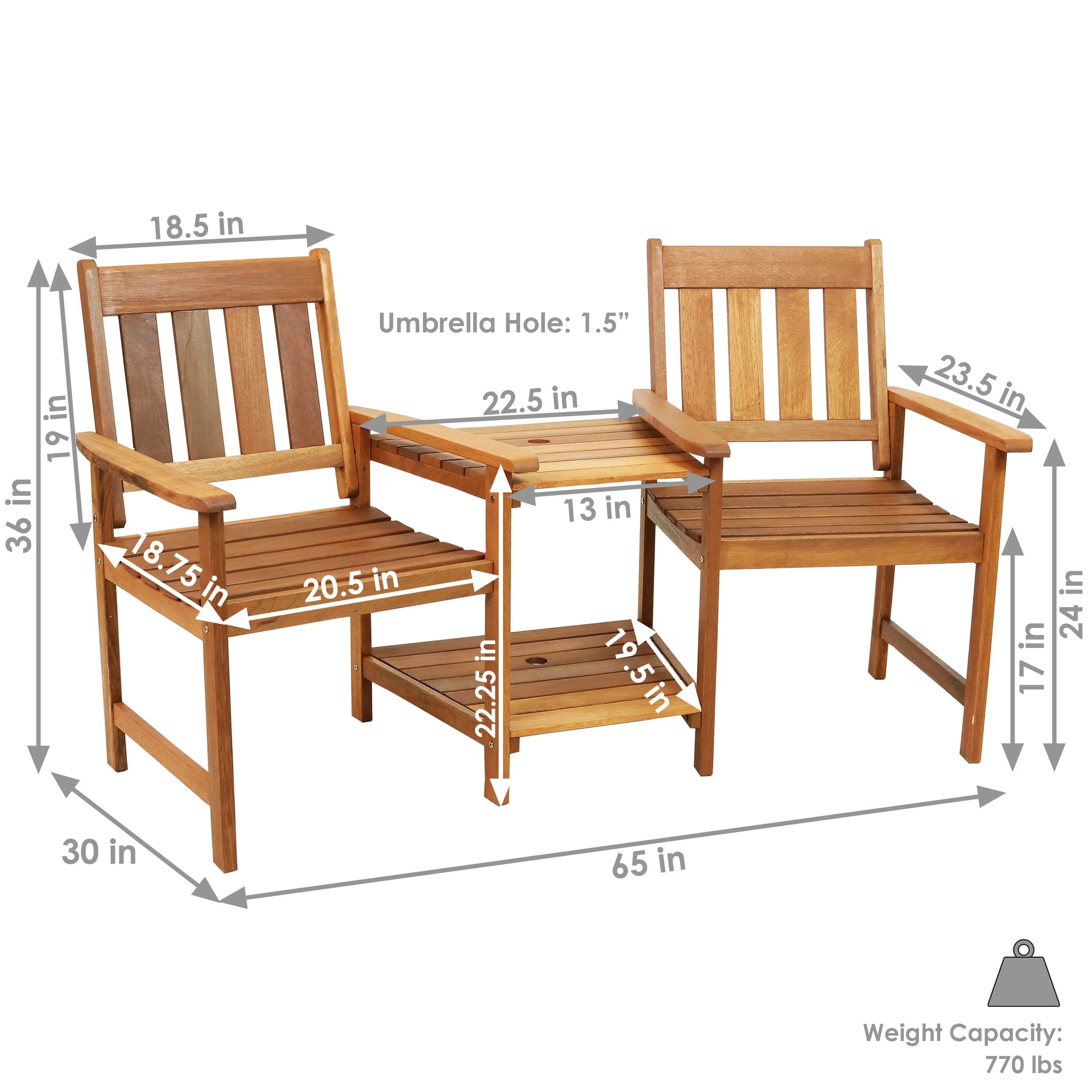 Sunnydaze Meranti Wood Jack-and-Jill Chairs with Attached Table - 65"