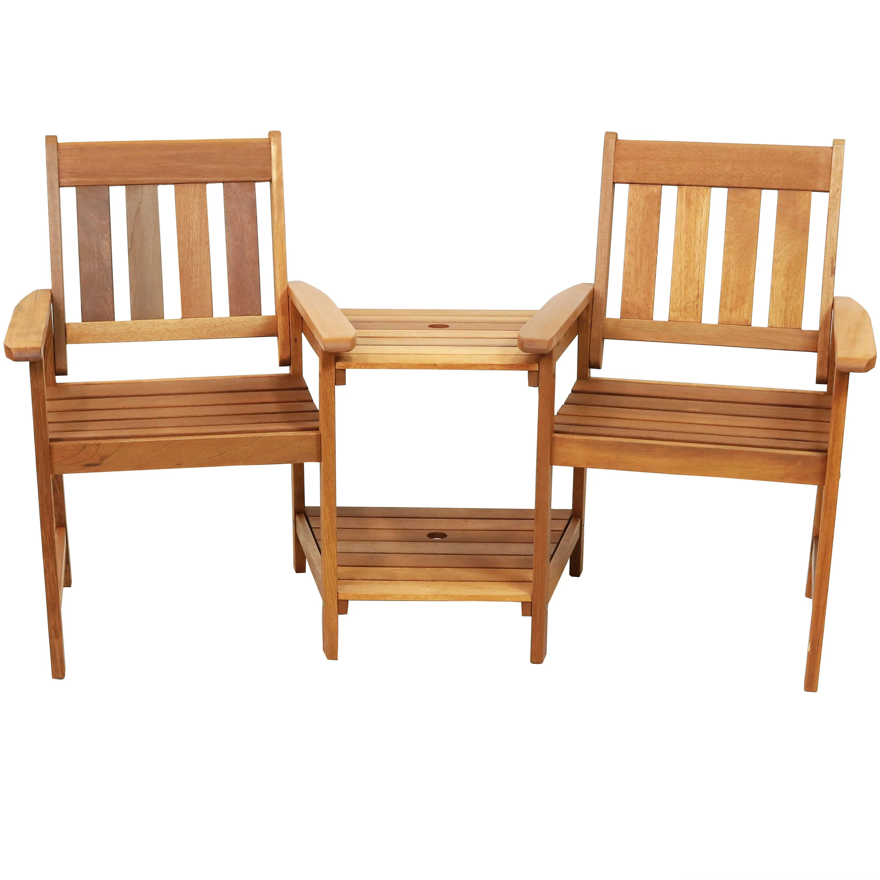 Sunnydaze Meranti Wood Jack-and-Jill Chairs with Attached Table - 65"