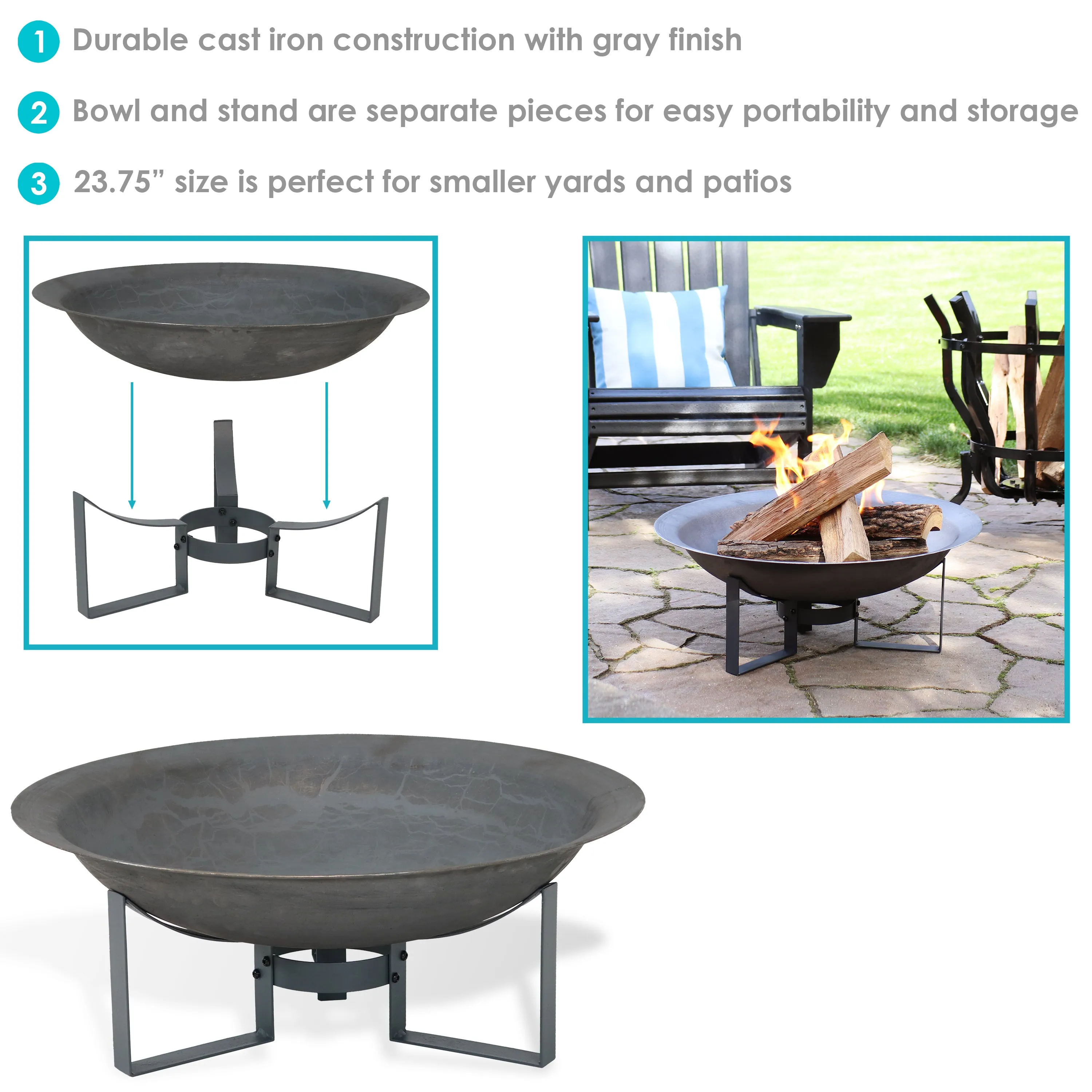 Sunnydaze Modern Cast Iron Fire Pit Bowl with Stand - 23" Diameter