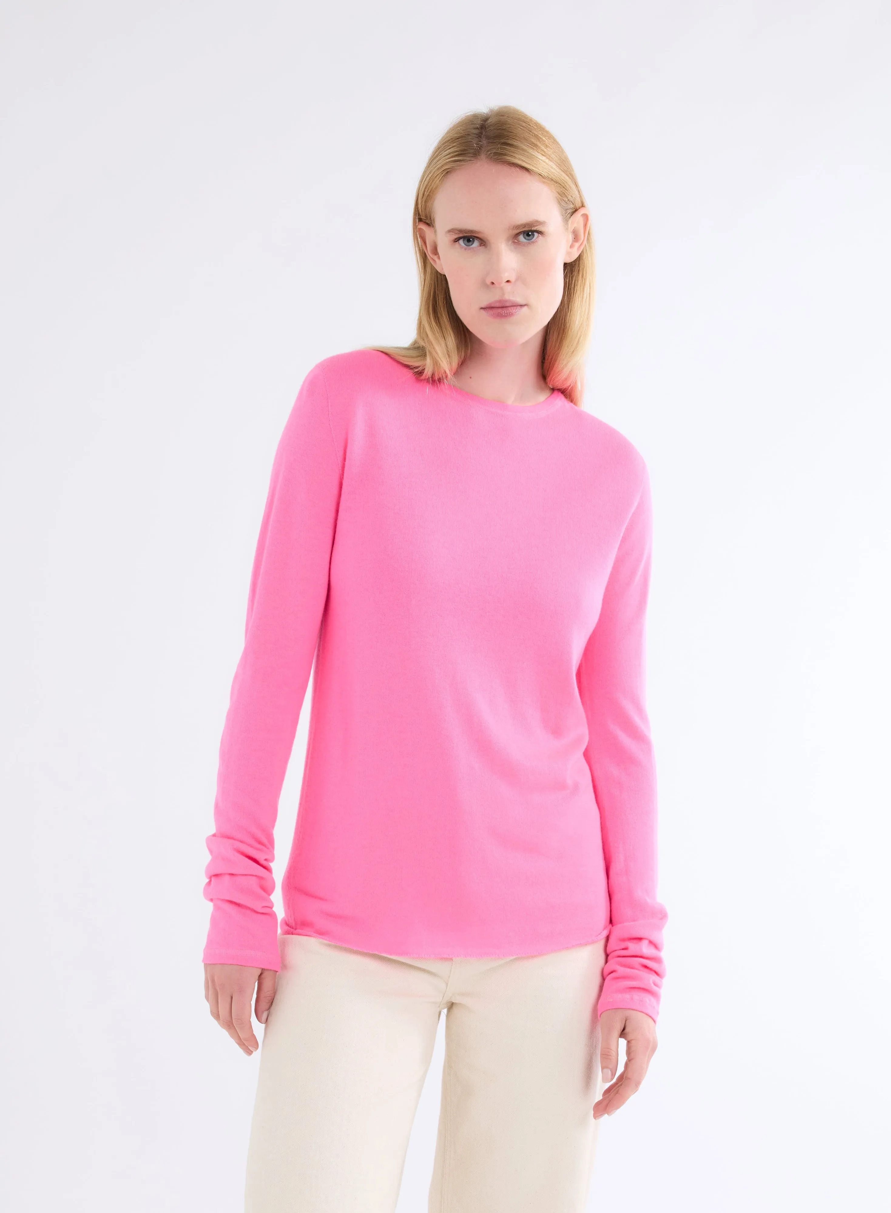 T-shirt Rose Fluo Col Rond Manches Longues en 100% Cachemire