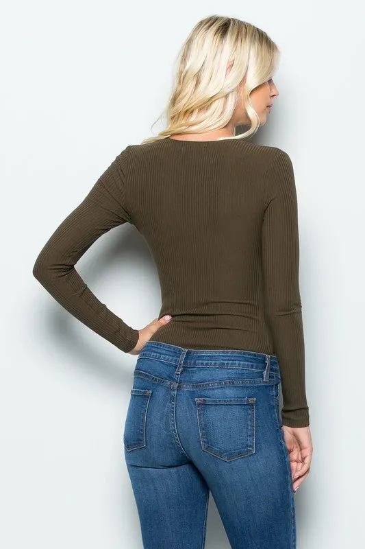 THE MYSTYLEMODE OLIVE RIBBED PLUNGING V NECK LONG SLEEVE BODYSUIT