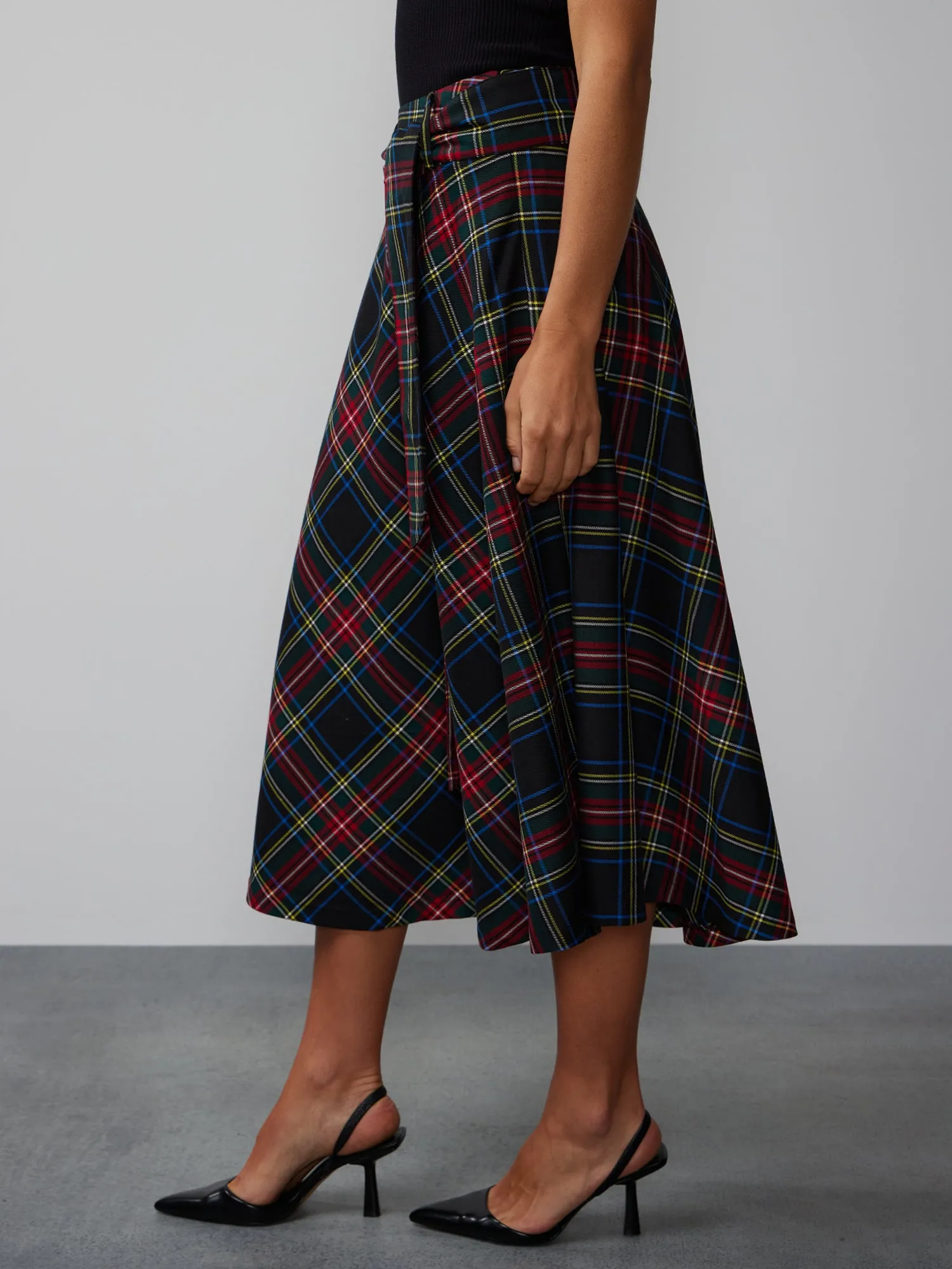 Tie Waist Plaid Midi Skirt