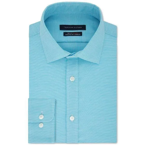 TOMMY HILFIGER  Men's Flex Athletic Fit Non-Iron Stretch Tonal Micro-stripes Dress Shirt Lagoon