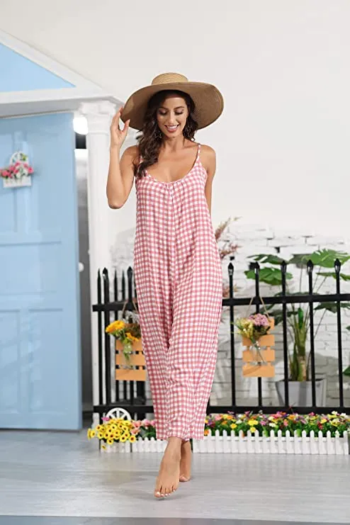 Travel Style Red Plaid Sleeveless Loose Fit Jumpsuit