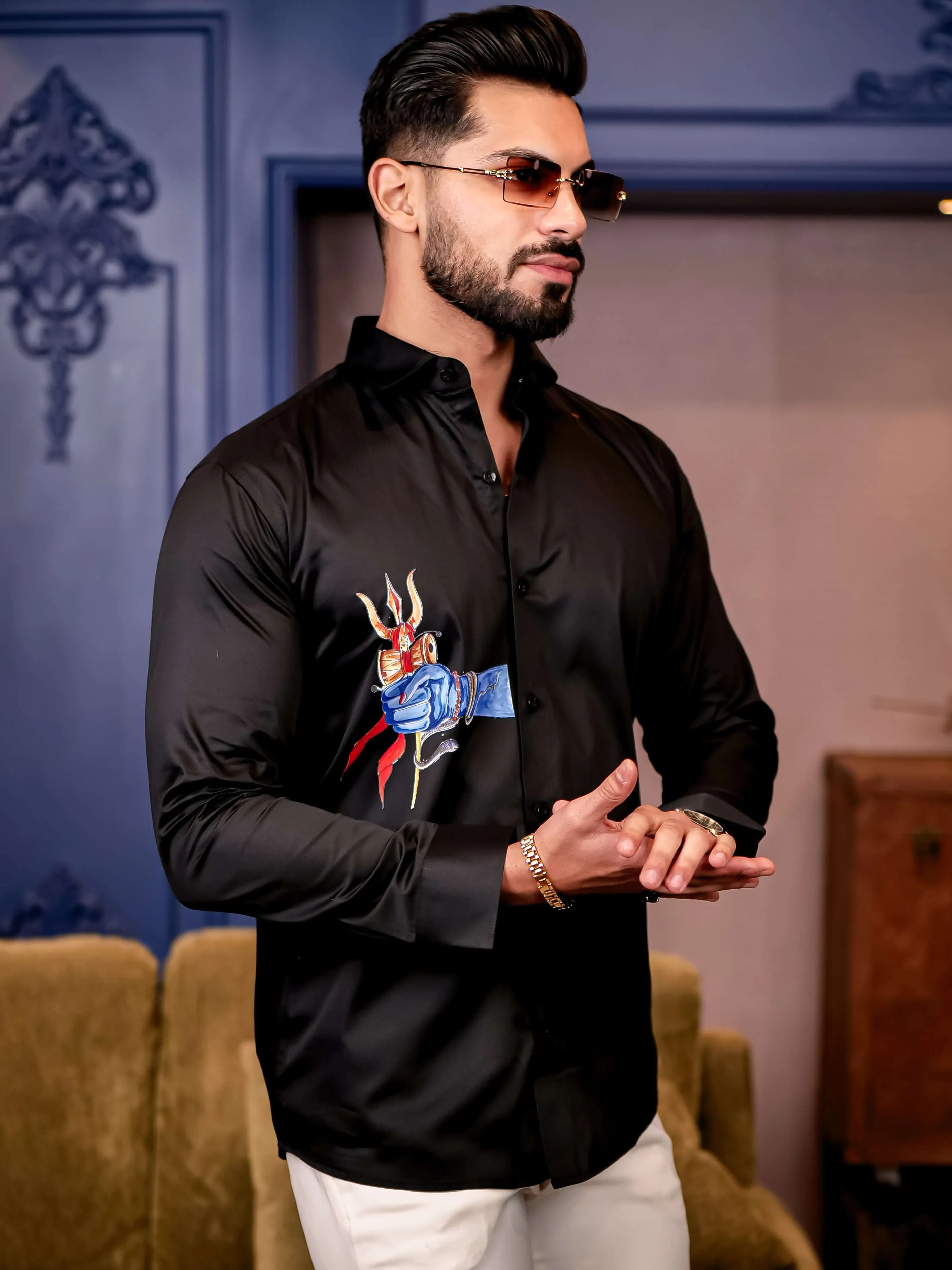 Trishul Black Club Wear Printed Satin Cotton Shirt