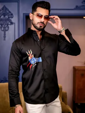 Trishul Black Club Wear Printed Satin Cotton Shirt