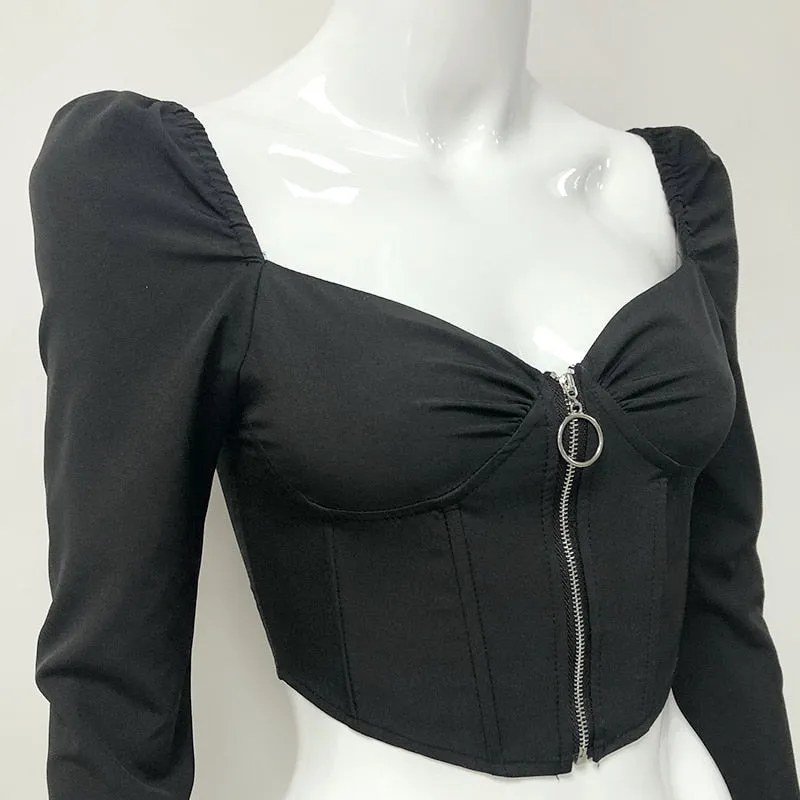 Vintage V-Neck Front Zipped Boned Long Puff Sleeve Top