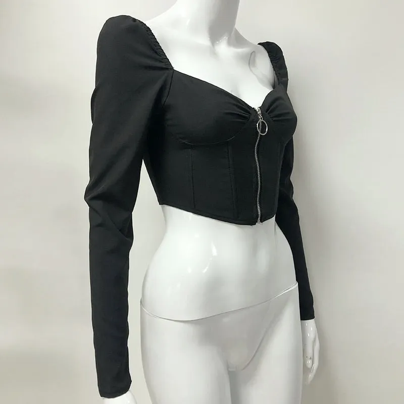 Vintage V-Neck Front Zipped Boned Long Puff Sleeve Top