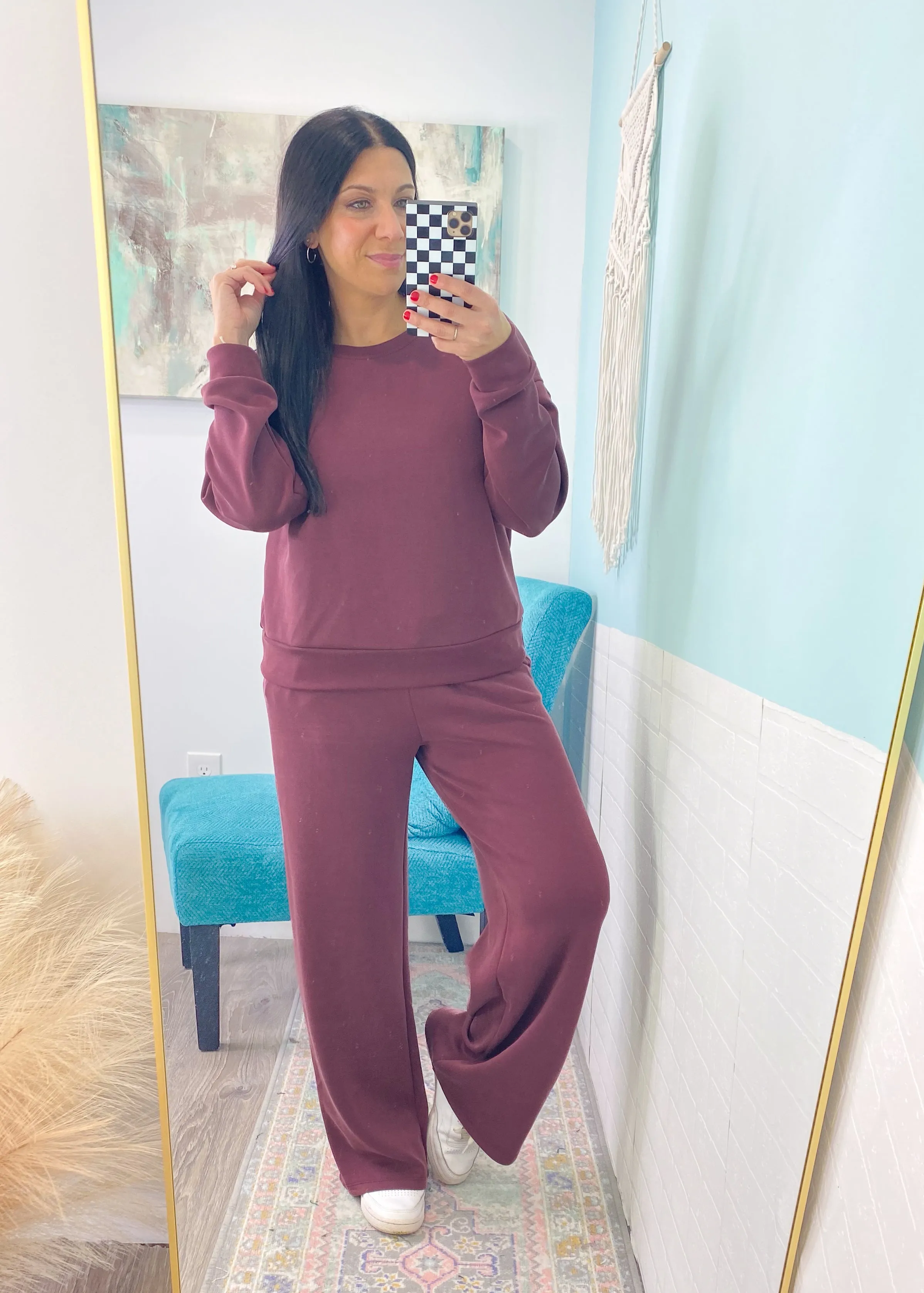 'Weekend Away' Techno Curpro Fabric Maroon Wide Leg Sweatpants